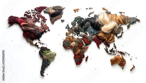 A world map comprised of various colorful textured threads and fibers, artfully arranged on a white background