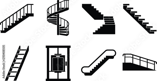 Staircase and Elevator Silhouette Vector Set Featuring Spiral Stairs, Escalator, Ladder, and Ramp Designs
