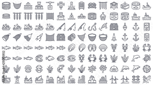 Collection of Marine Life and Fishing Industry Icons