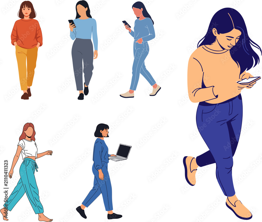 Fototapeta premium Vector illustration set of young women walking using smartphone and laptop isolated on white background