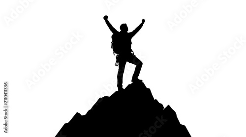Foto Silhouette of a successful hiker standing with arms raised on top of a mountain