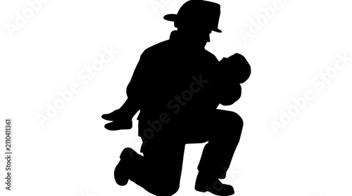 Foto Black silhouette of a brave firefighter in uniform carrying a rescued small chil