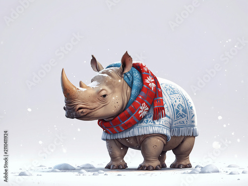 Cute rhino wearing a cozy sweater and scarf in a snowy winter landscape