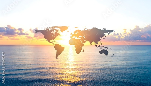 A world map silhouette floats over a calm ocean at sunrise or sunset. The sky glows with vibrant orange and yellow hues