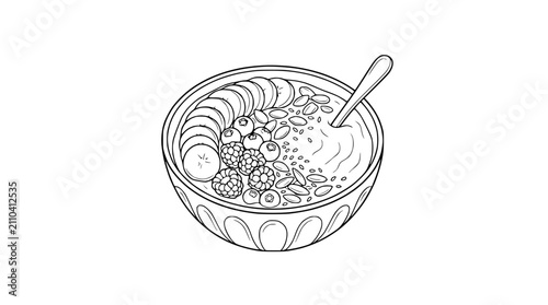 фотографія Healthy Breakfast Bowl: Smoothie, Banana, Berries, Seeds - Line Art