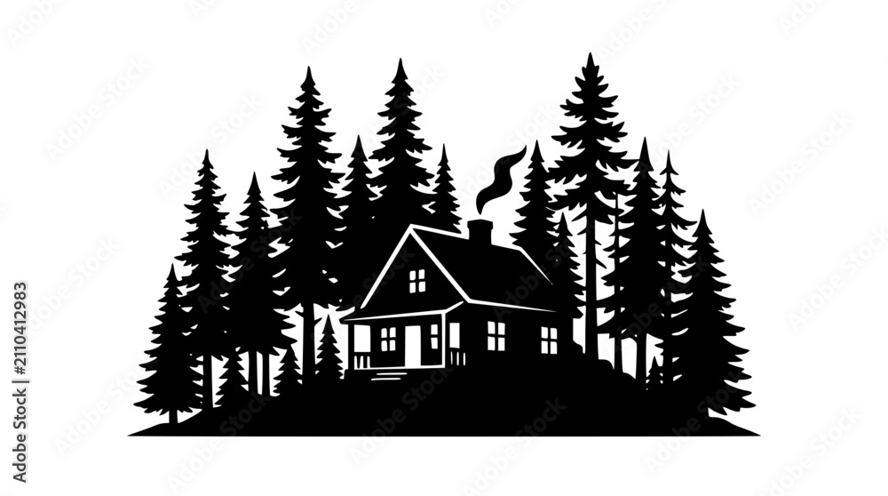 Obraz premium Rustic mountain cabin silhouette in a pine forest illustration