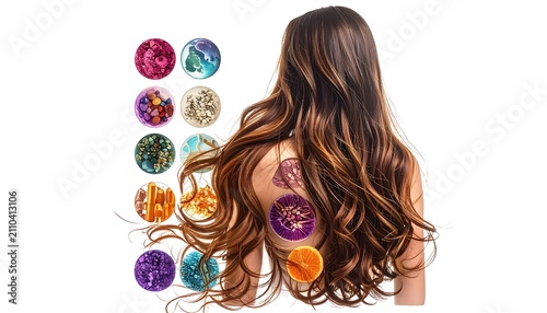 A woman's back is presented, showcasing wavy brown hair, accompanied by floating circular illustrations of fruits and other organic textures