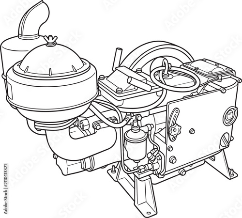 Diesel Engine Outline without Fuel Tank Black and White Line Art Vector Illustration
