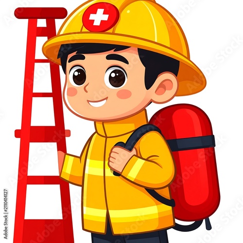 Cartoon construction worker with hard hat and toolbox.