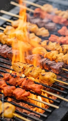 Delicious meat skewers grilling over open fire with smoke and bright flames