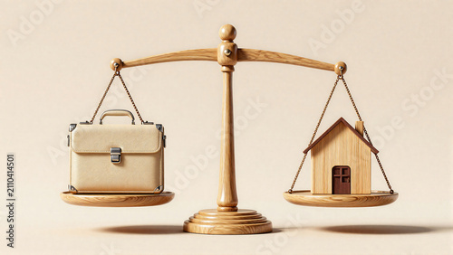 Work life balance concept with briefcase and house on scale