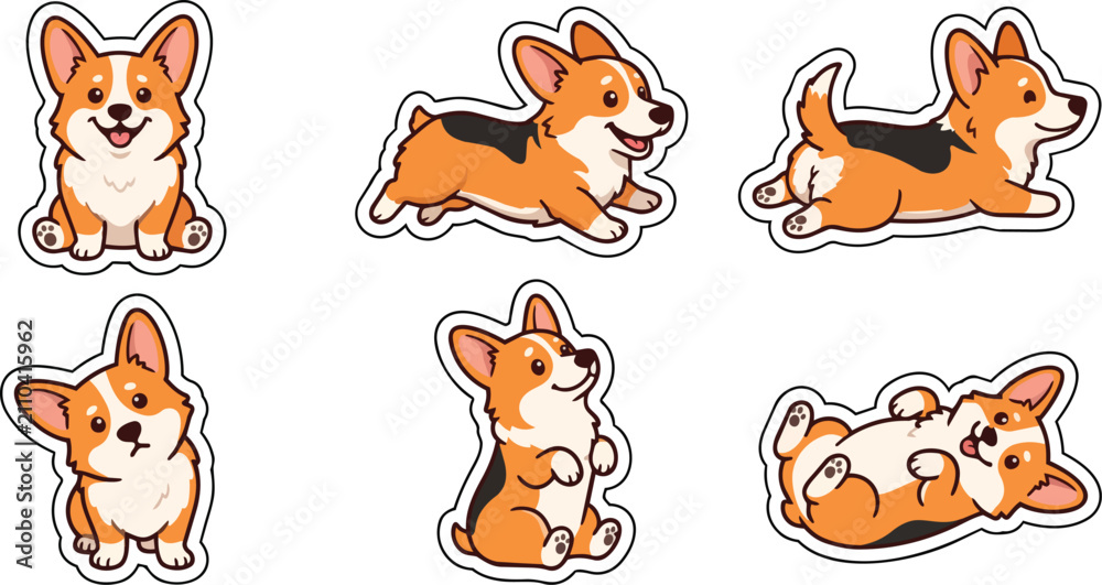 Obraz premium Cute Corgi Dog Character Sticker Collection in Various Poses Vector