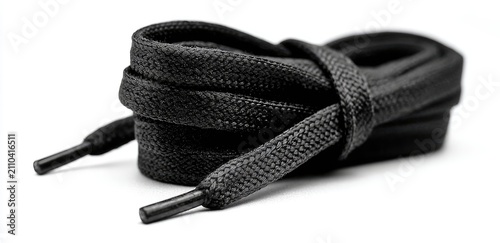 Close-up of black shoelaces, coiled neatly on a white background, showing textured material and contrasting white negative space
