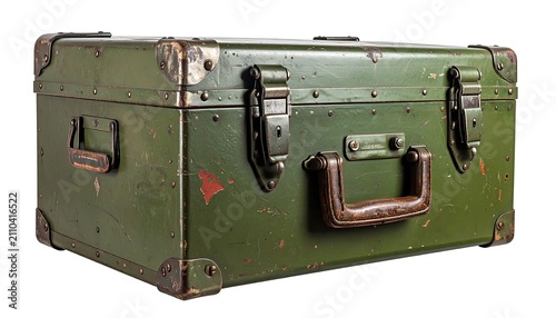 A worn, green metal trunk, rectangular in shape, has metal corner protectors and hinges. It features a leather handle and secure latches