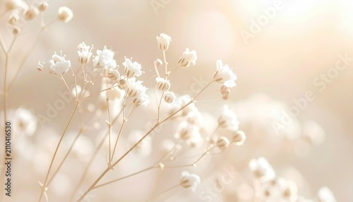 Close-up of delicate, tiny white blossoms with blurred bokeh background, bathed in soft, warm sunlight, creating ethereal feel
