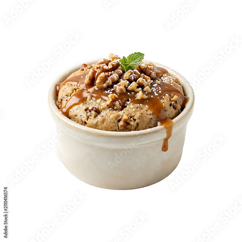 Delicious Walnut Cake with Caramel Drizzle and Powdered Sugar in Ramekin Isolated on White Background