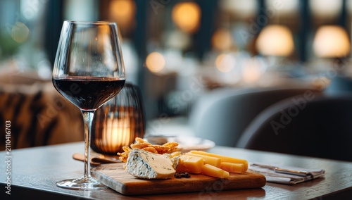 Close-up of wine glass filled with red liquid, a cheese board, and a lit candle, all on a wooden table. The background is softly blurred