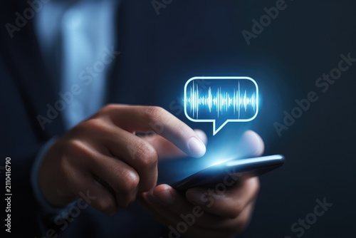 Close-up view of a person's hand holding a smartphone with a glowing audio waveform chat bubble icon. Focus is on digital interaction