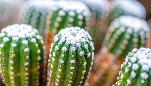 Close-up view of a vibrant green cactus with spiky details and white tufts. The shot has a shallow depth of field, with soft bokeh