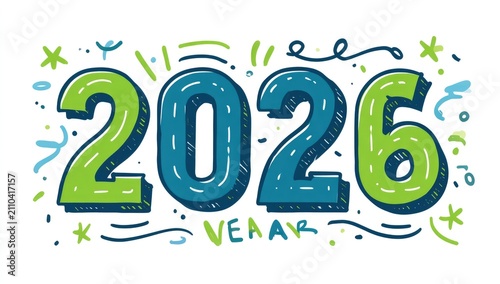 Digitally created illustration showcasing the year 2026, rendered with bold typography in shades of green and blue, adorned with celebratory flourishes