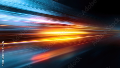 Dynamic, abstract, light streaking effect in vibrant colors, suggesting high speed and rapid movement across a dark backdrop
