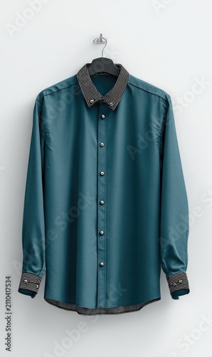 Formal long-sleeved shirt in teal, dark collar, gray accents, hanging on a silver hook, against a white wall
