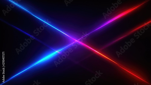 Four luminous, intersecting laser beams cross in a dark void. Intense neon colors illuminate the abstract arrangement