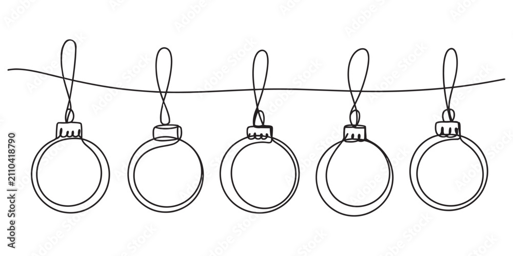 Obraz premium Continuous one line drawing of five hanging christmas bauble ornaments