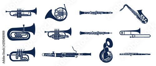Cuadro en lienzo Collection of Orchestral Wind Instruments Silhouette