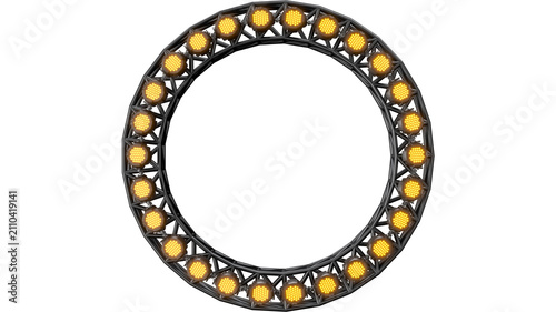 Tableau sur toile Circular LED lighting truss with warm amber spotlights isolated on white background, perfect for concerts, stage production, event branding, and lighting concepts