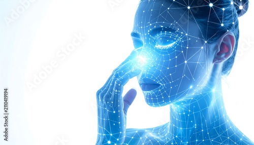 A woman's face, partially illuminated, overlaid with a digital grid. Her hand gently touches her nose, highlighted by a bright light