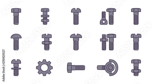 Professional Collection of 15 Unique Gray Metal Fasteners and Hardware Components for Industrial Design