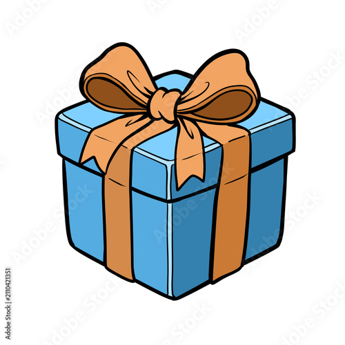 Blue gift box with orange ribbon bow cartoon illustration for children education isolated on transparent background
