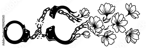 Broken handcuffs transforming into blooming flowers illustration.