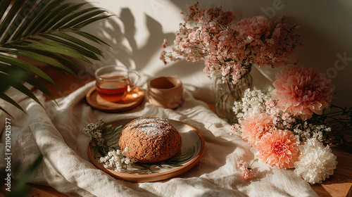 Cozy morning tea and pastry with dried flowers and palm leaves.