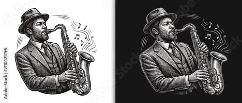 Canvas Print Man Playing Saxophone with Music Notes