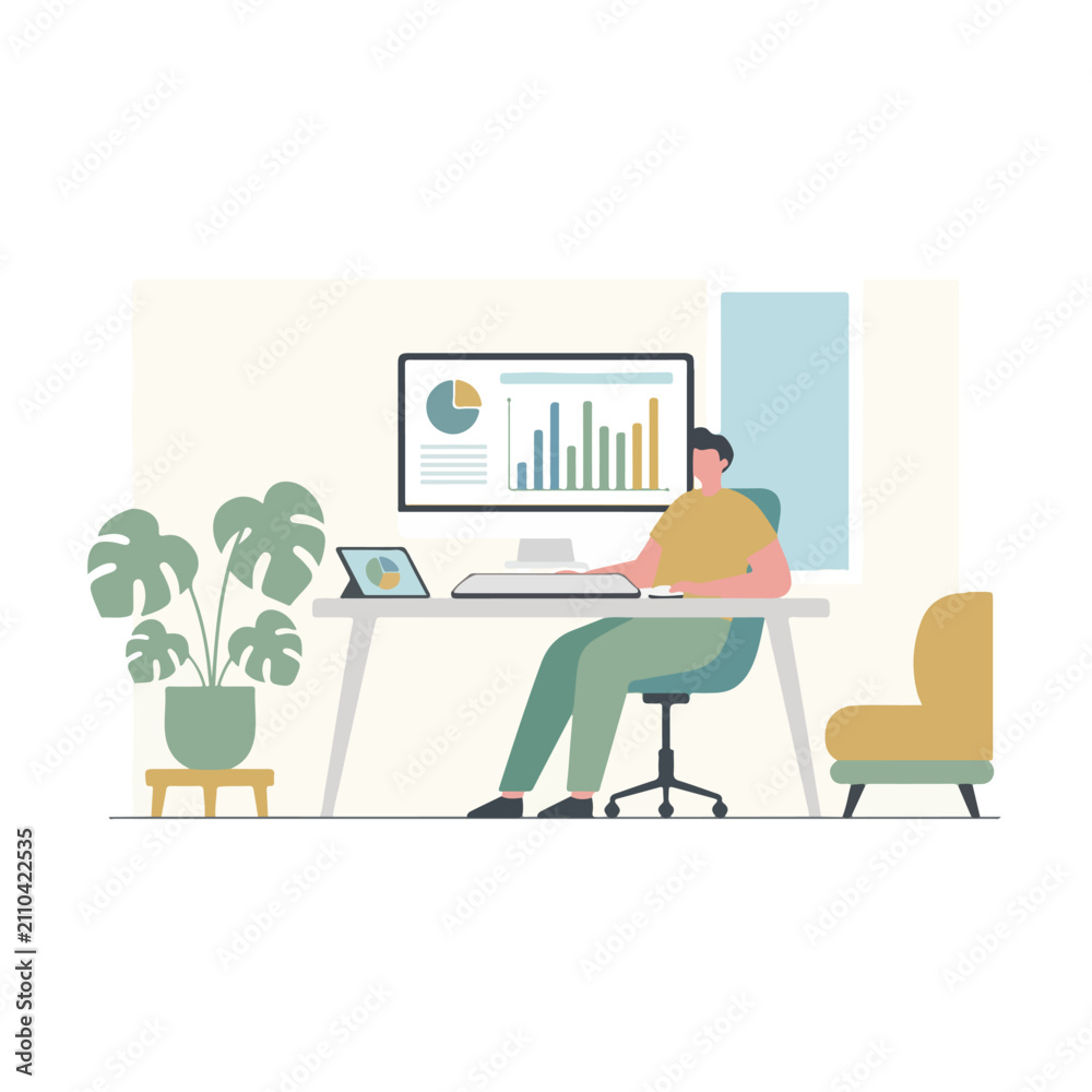 Fototapeta premium This flat vector illustration depicts a man working at his desk, analyzing various data charts on a computer screen in a modern home office setting.