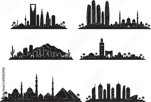 Canvas Print Desert city skyline silhouette set minimalist vector Dubai Riyadh Doha Phoenix L