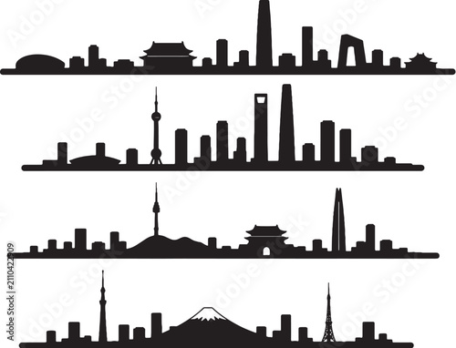 Photography East Asia skyline silhouette set minimalist vector Beijing Shanghai Seoul Tokyo