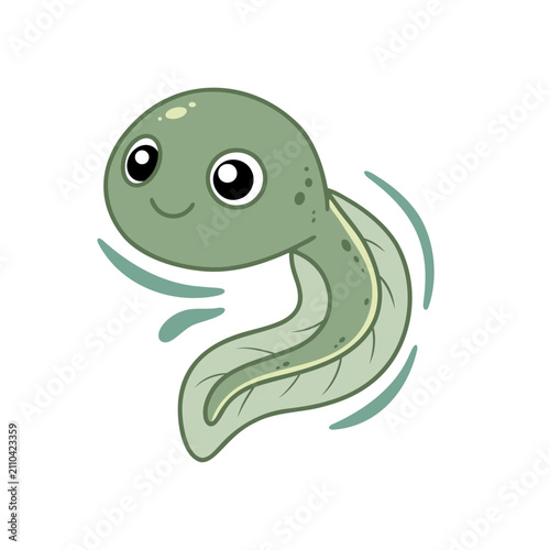 Cute tadpole vector illustration, kawaii tadpole character swimming, moss green color palette flat design asset isolated on white background