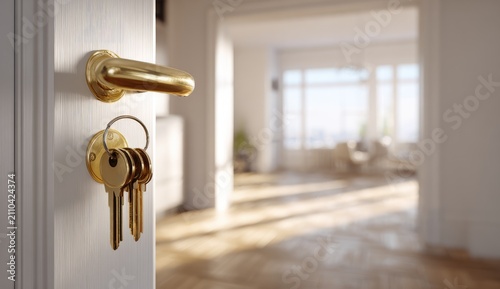 Close-up view of a door ajar, with gold hardware and keys. Soft light illuminates a bright, welcoming interior