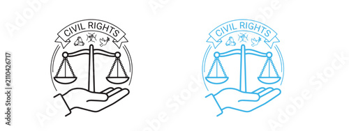 Civil rights symbol featuring justice scales and hand icon, equality
