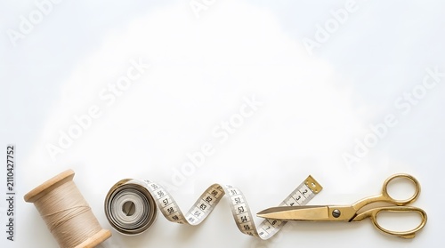 Sewing and tailoring tools arrangement with spool of thread, tape measure, and golden scissors