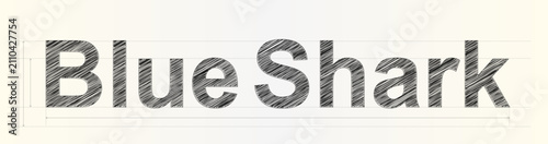 Abstract blue shark text graphic featuring hand drawn scribbled fill effects and technical architectural style grid lines