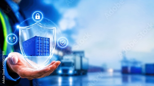 Secure digital banking cargo container shield logistics trade port supply chain commerce safety insurance cargo protection freight transport dock storage import export warehouse control