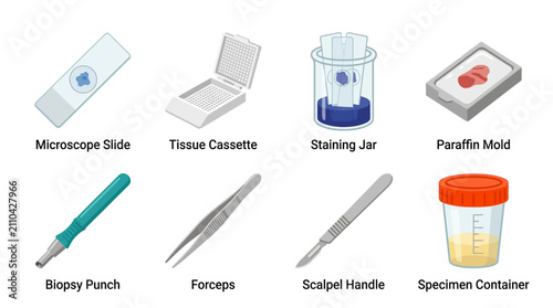 Medical Laboratory Equipment: Microscope Slide, Forceps, Scalpel, Specimen Container