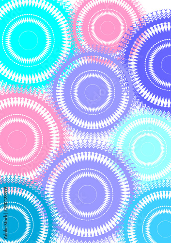 A vibrant abstract pattern featuring explosive sunburst rays and geometric mandalas in bright cyan, pink, and purple pastel tones.