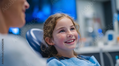 A young girl with curly hair smiles brightly in a dental chair, looking at someone out of frame. The dental office is visible in the background