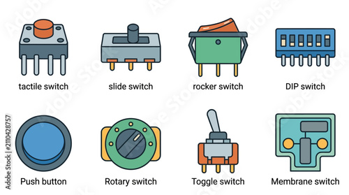Collection of Electronic Switches: Push, Slide, Toggle, Rotary, Tactile, DIP, Rocker, Membrane