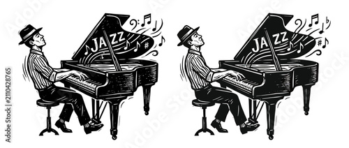 фотографія Musician Playing Grand Piano with Musical Notes and 'Jazz' Text